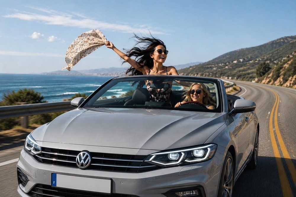 Deux amies profitant d'une balade en voiture décapotable au bord de la mer
