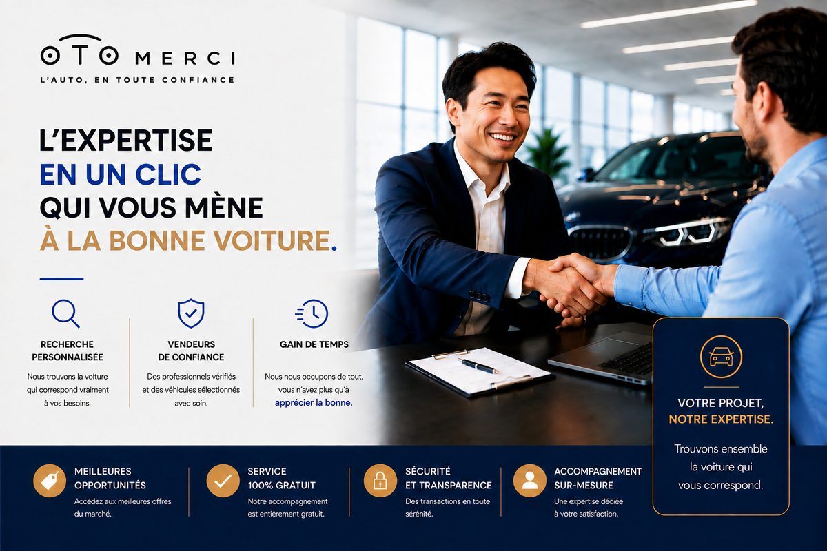 OTO MERCI : l'expertise en un clic qui vous mène à la bonne voiture, avec un conseiller et un client se serrant la main devant une voiture