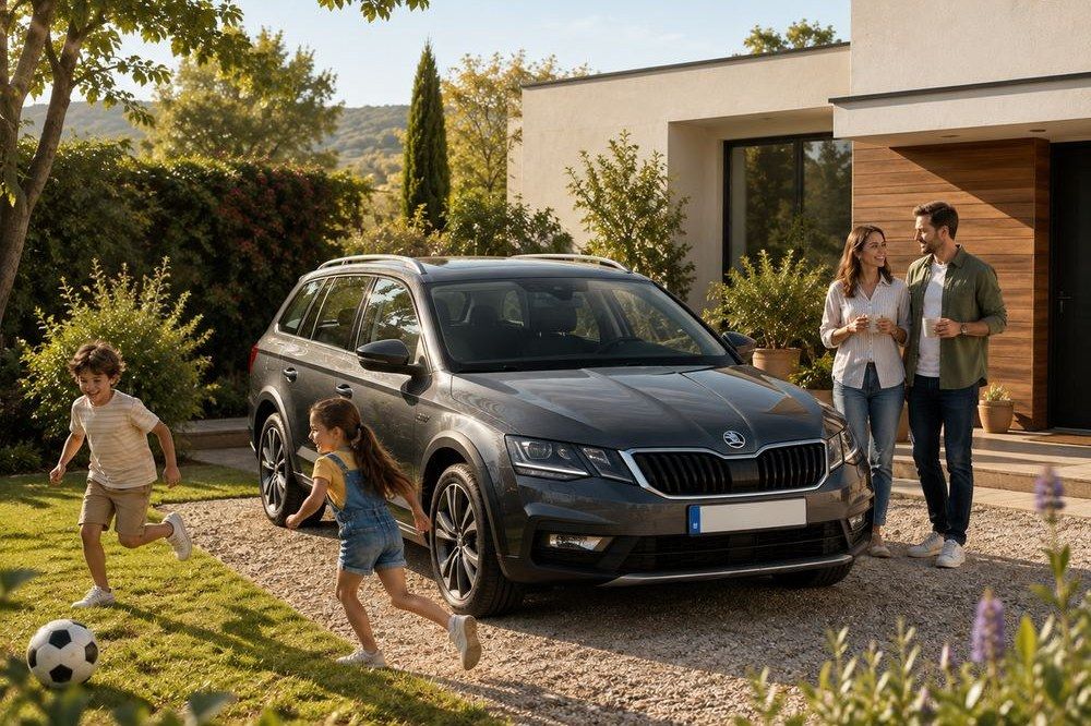 Une famille heureuse avec son nouveau véhicule familial devant sa maison