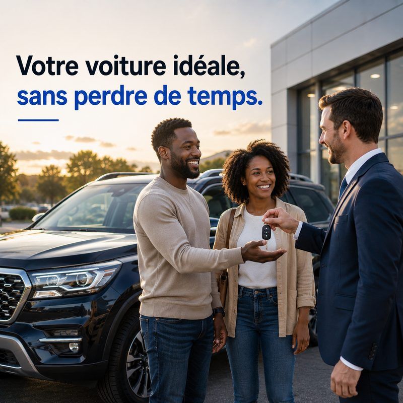 Un vendeur remet les clés du véhicule à un couple de clients satisfaits